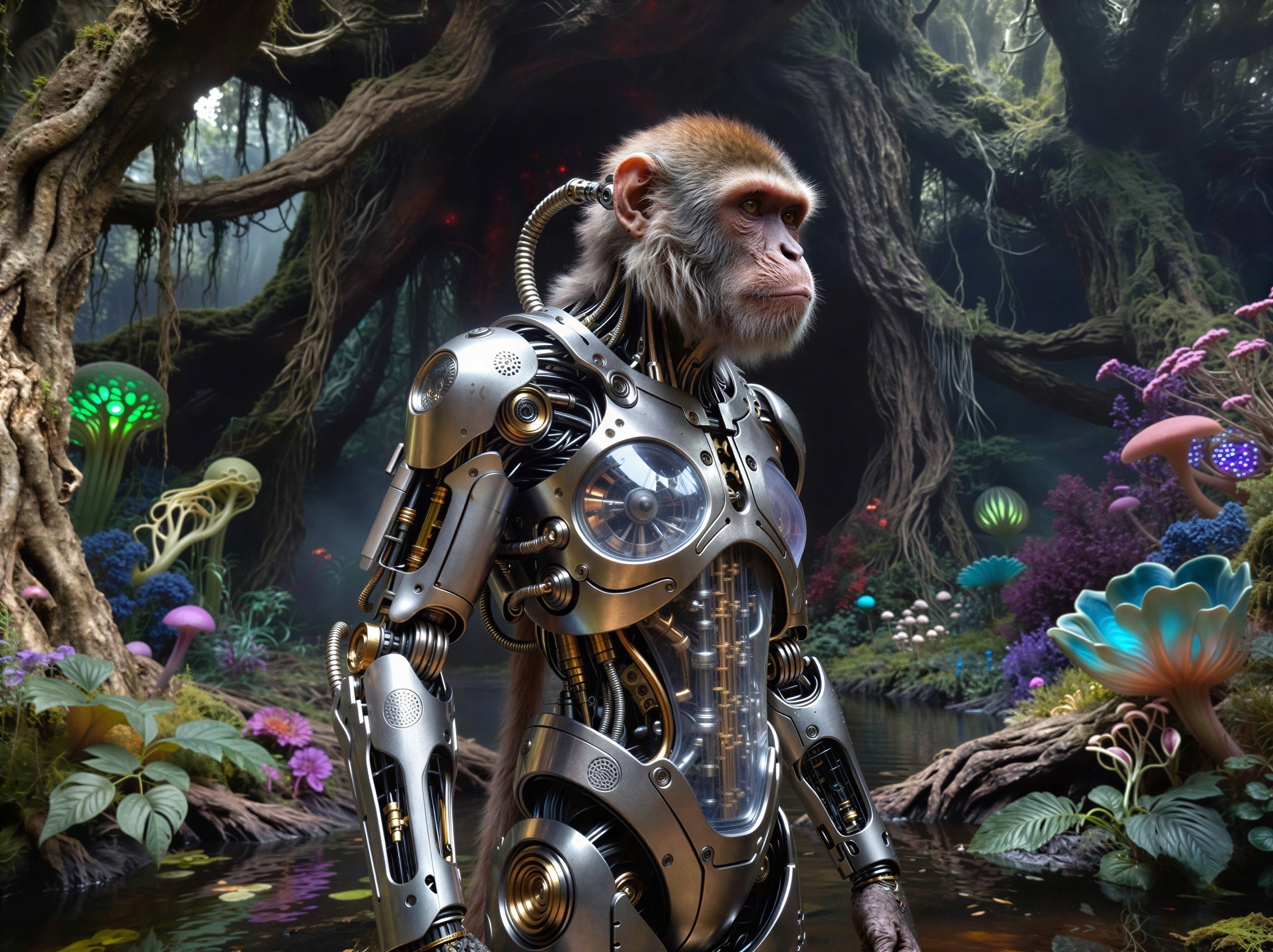 Cyborg Monkey in a Glowing Fantasy Jungle Setting