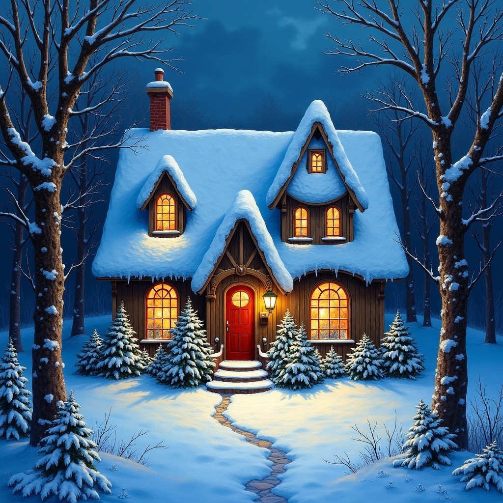 Wooden Cottage in Snowy Winter Landscape
