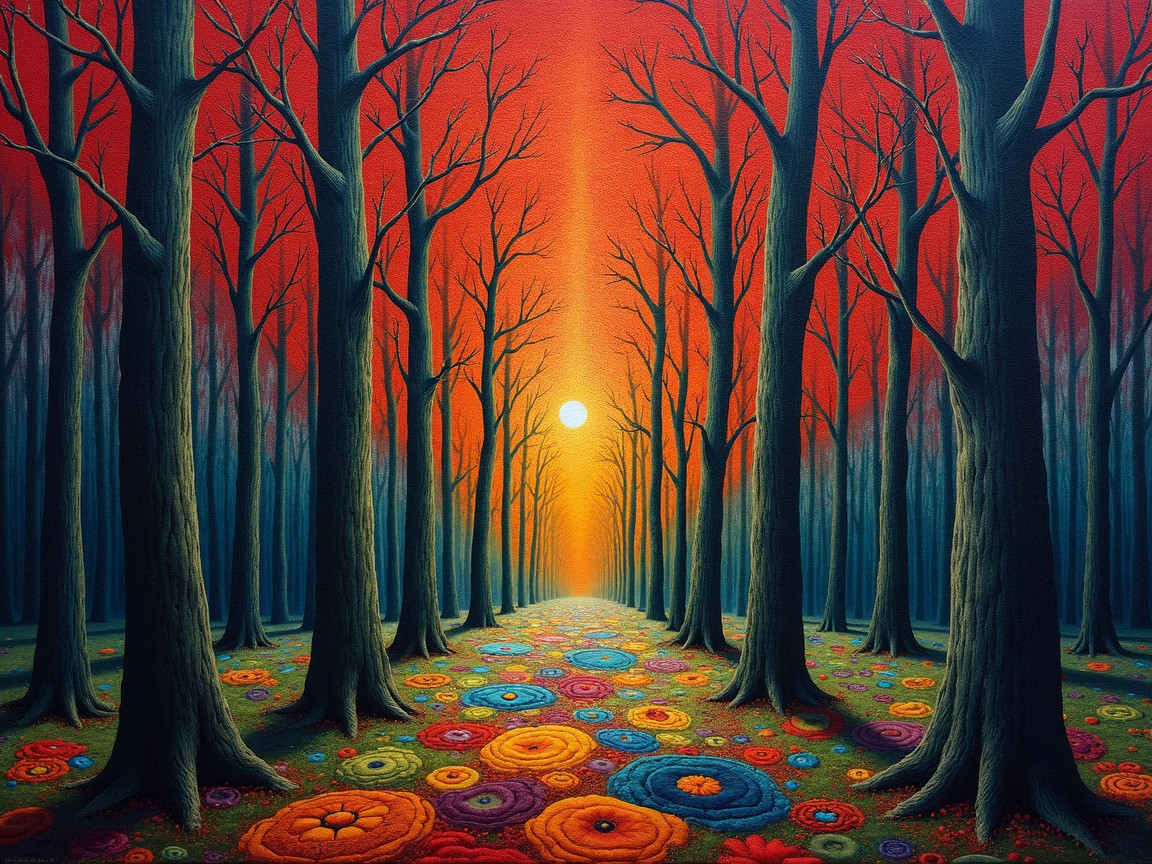 Surreal Forest Scene with Colorful Floral Patterns