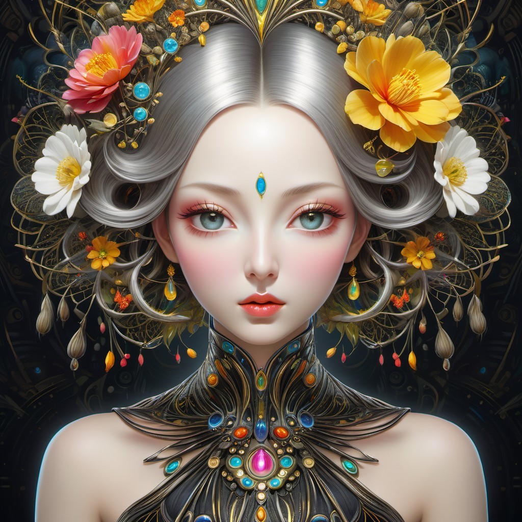 Portrait of a young woman with silver hair and flowers