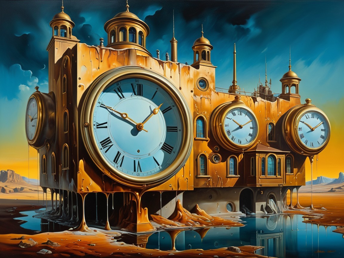 Surreal Landscape with Melting Clock-Shaped Building