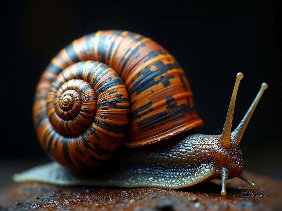 Close-Up of a Snail with Vibrant Shell Patterns