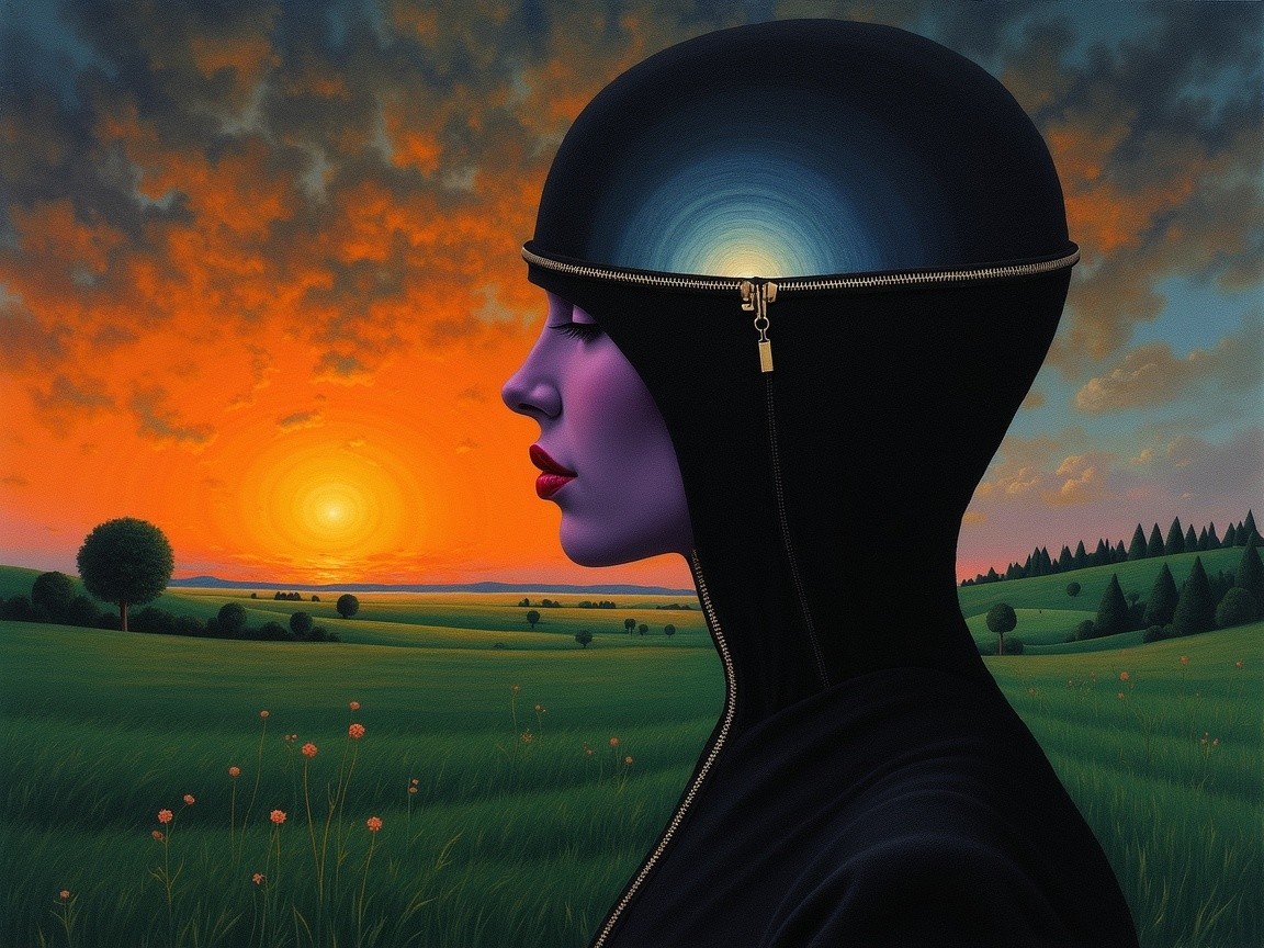 Surreal Landscape with Purple Figure and Sunset Colors