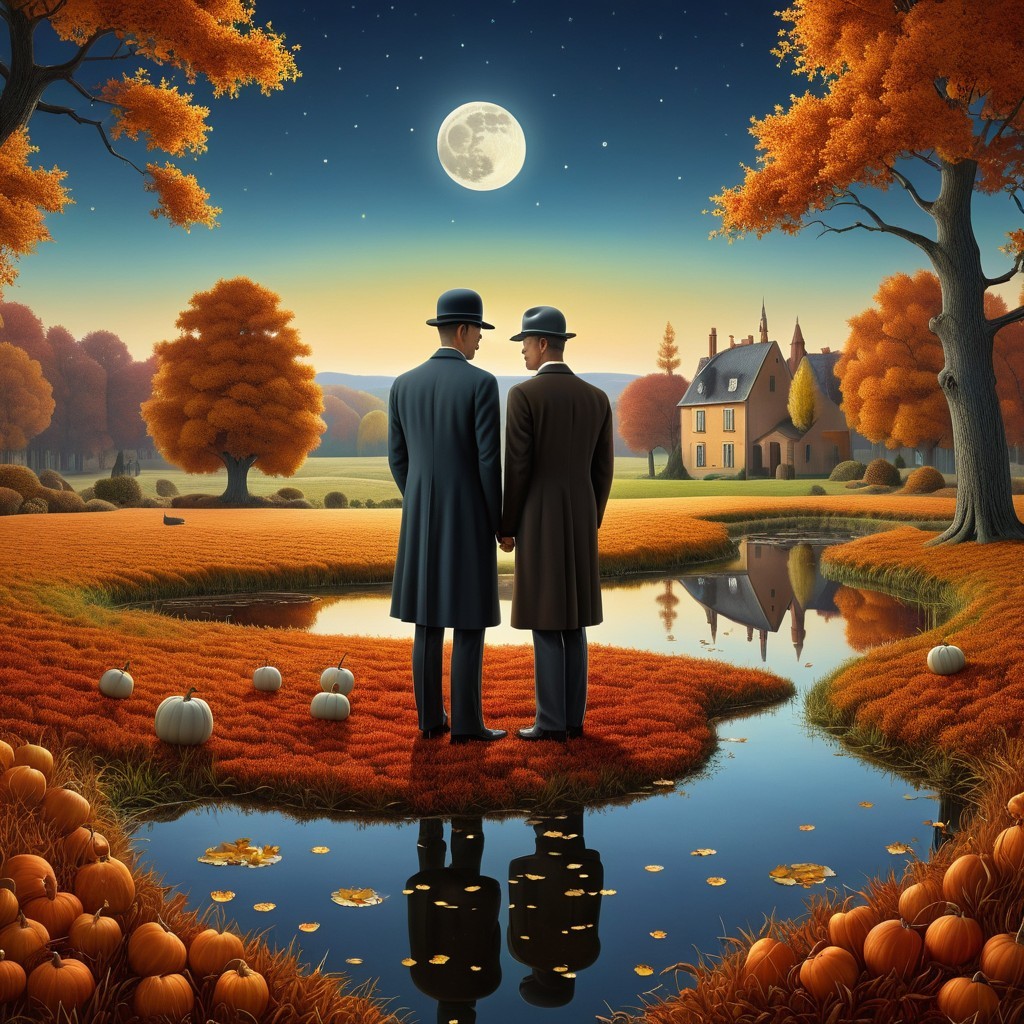 Autumn Landscape with Two Men by a Serene Pond
