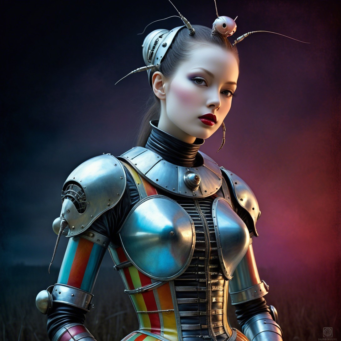 Young woman in futuristic armor with metallic details