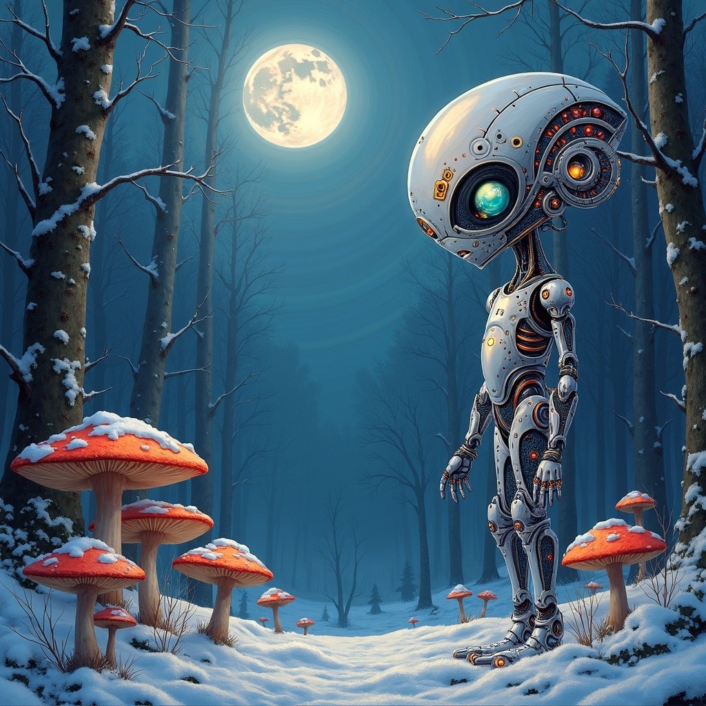 Futuristic Robot in Moonlit Forest with Snowy Mushrooms