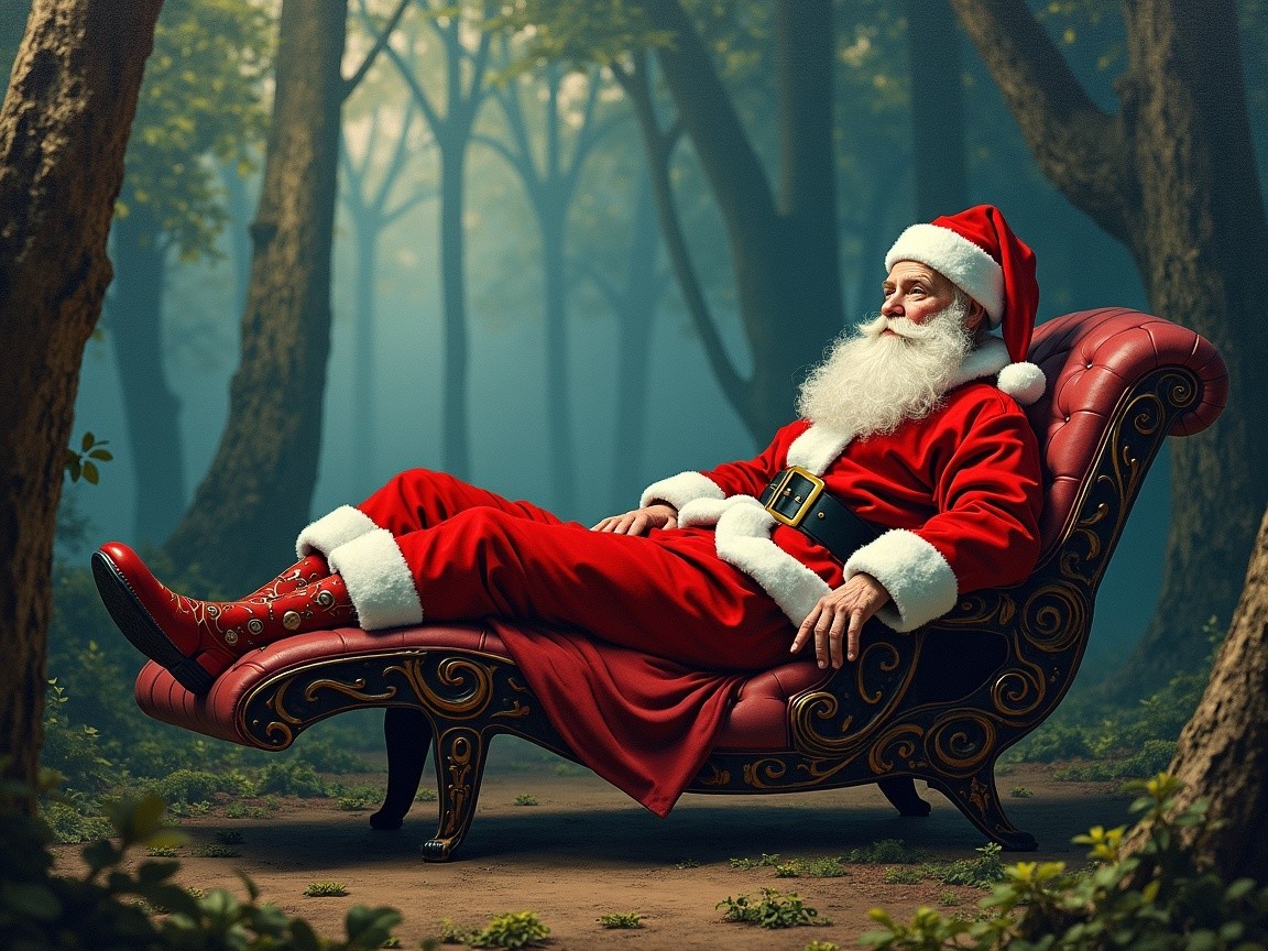 Santa Claus in Vintage Chair in Serene Forest Setting