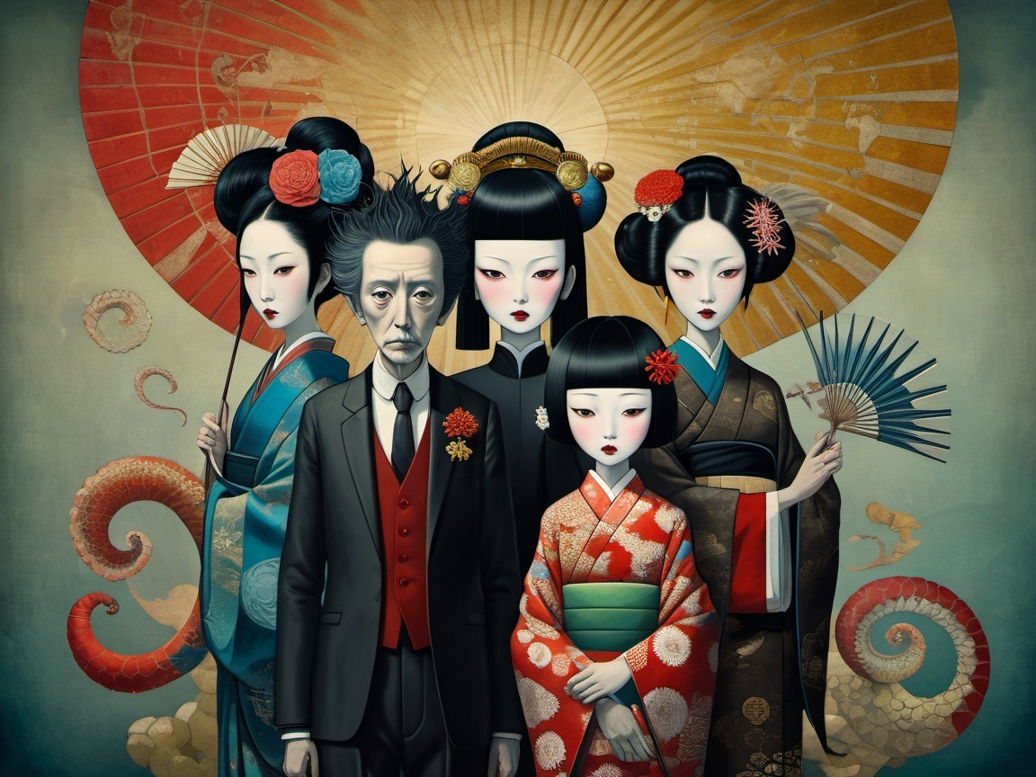 Man in Formal Attire Surrounded by Women in Kimonos