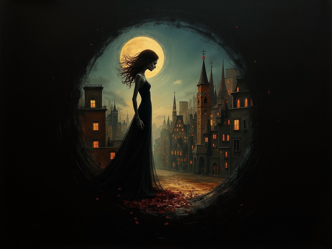 Silhouetted Figure in Black Dress Overlooks Moonlit City