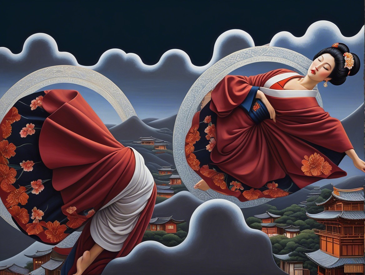 Two Figures in Traditional Attire Amidst Clouds