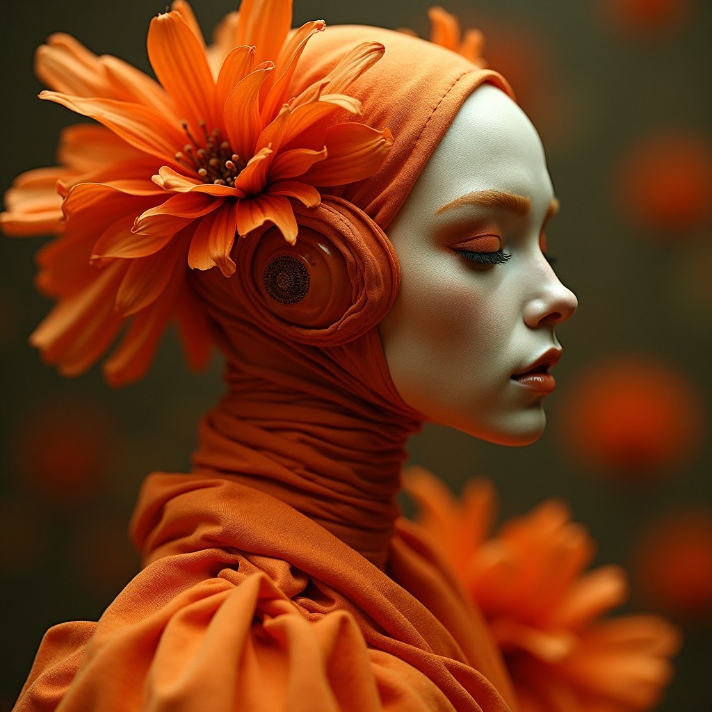 Profile of a Woman in Orange Headscarf and Flowers