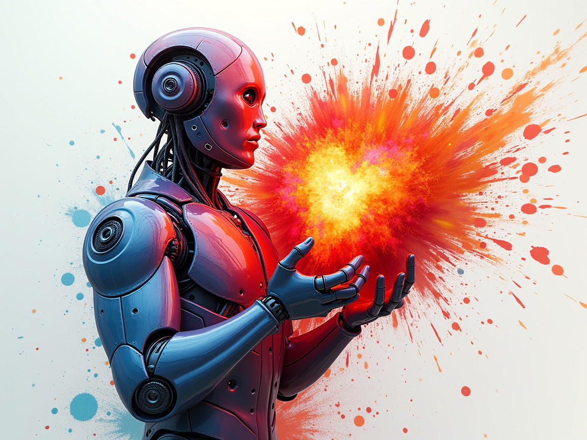 Futuristic Robot with Colorful Heart in Artistic Setting