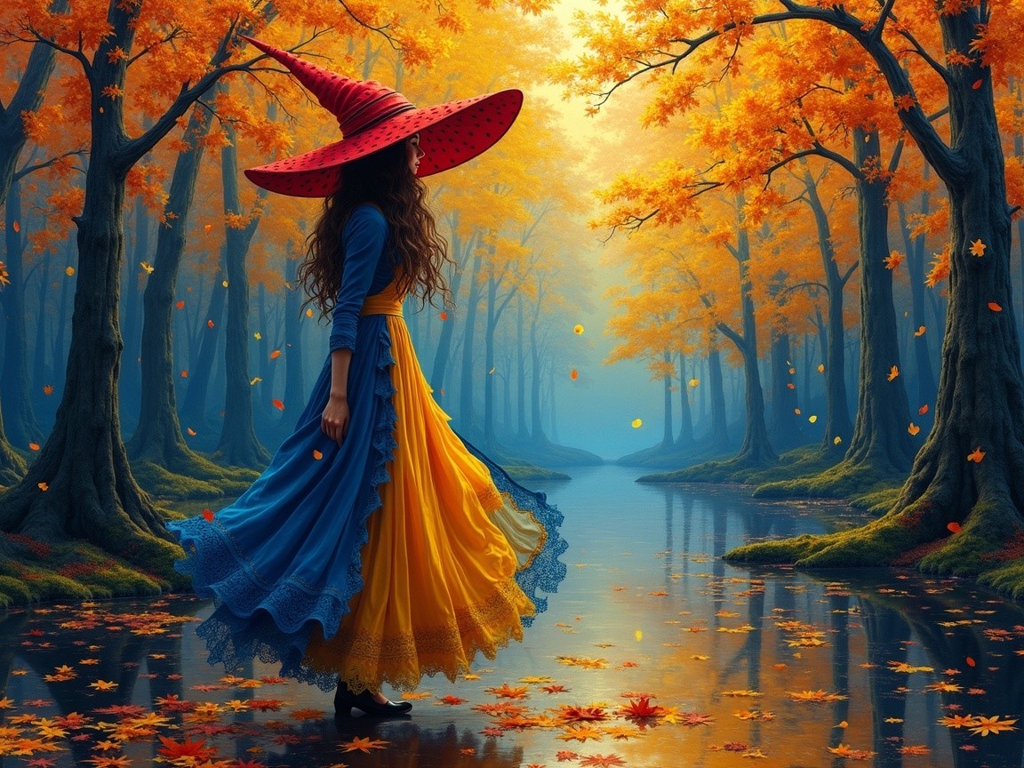 Young woman in vibrant gown by tranquil autumn river