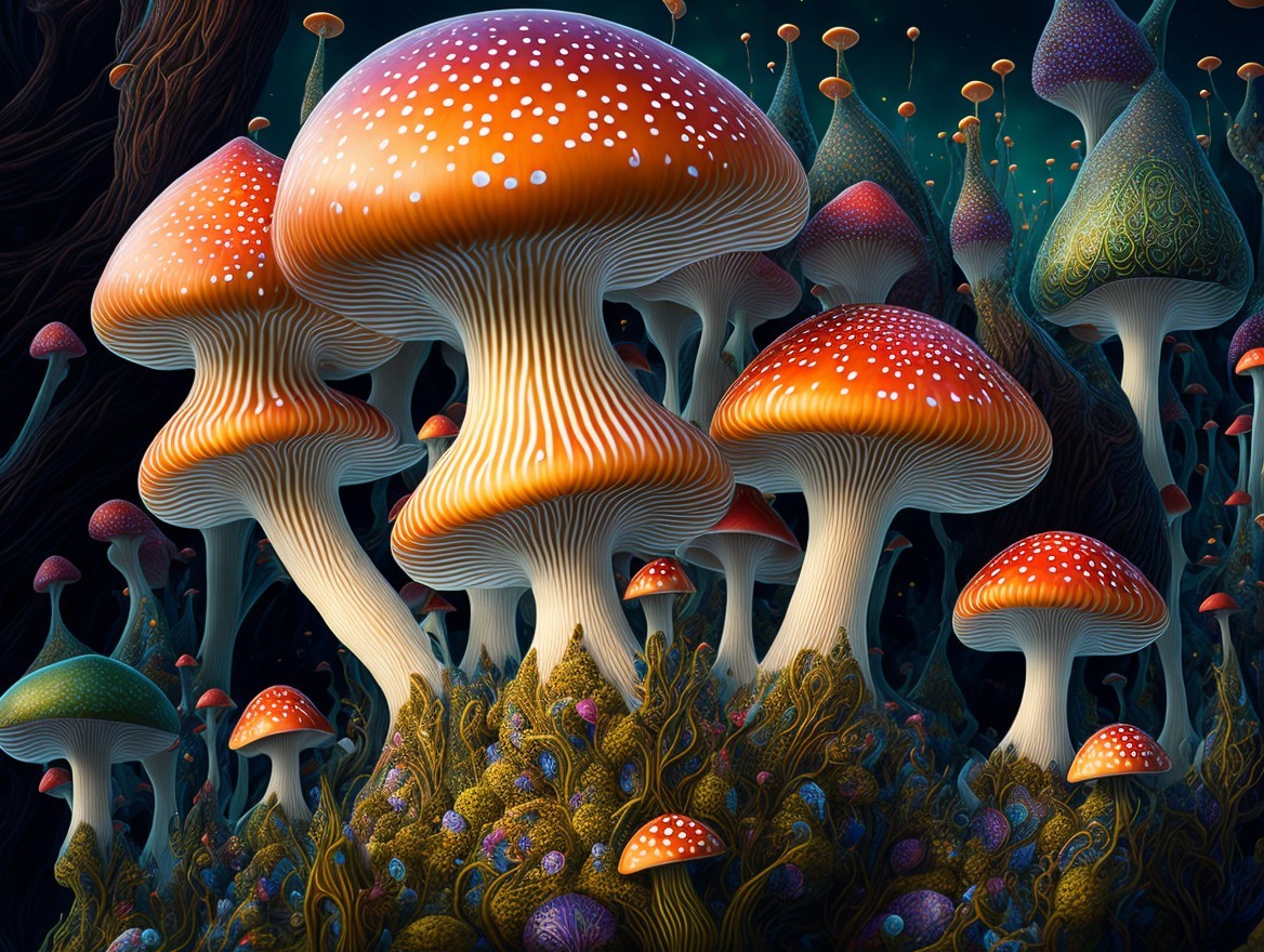 Surreal Landscape with Oversized Colorful Mushrooms