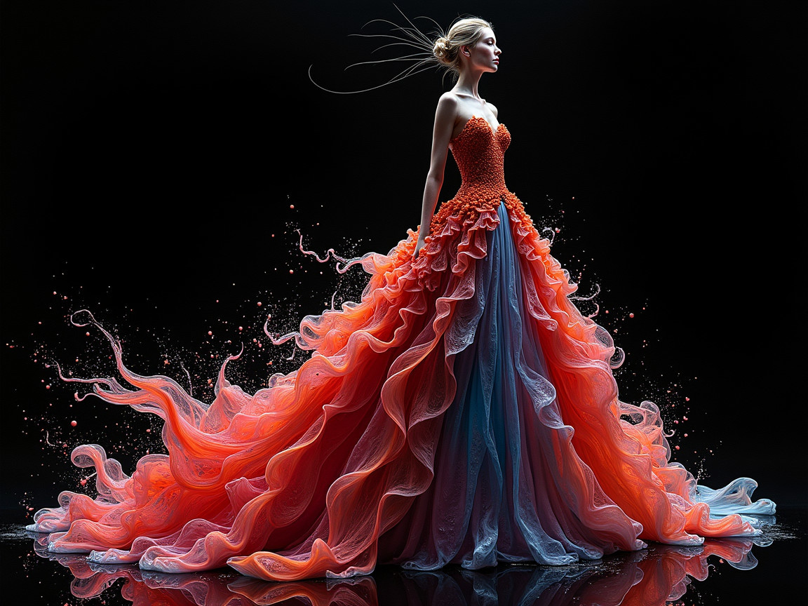Elegant gown in vibrant orange and blue hues