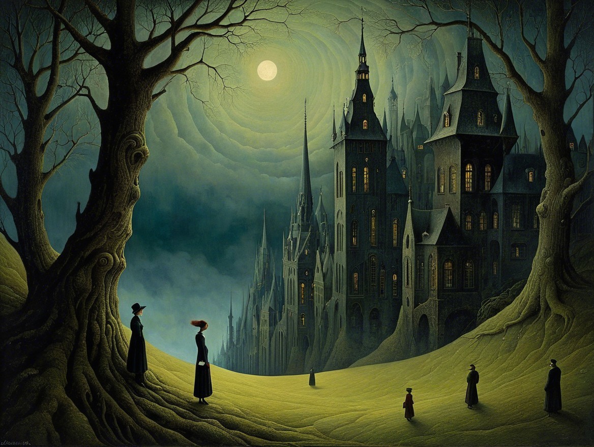 Dark Castle Landscape with Victorian Figures and Moonlight