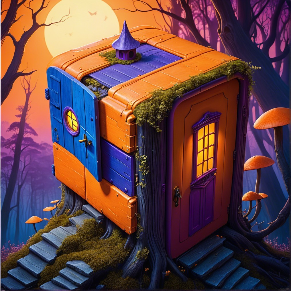 Brightly Colored Cube House Among Dark Trees