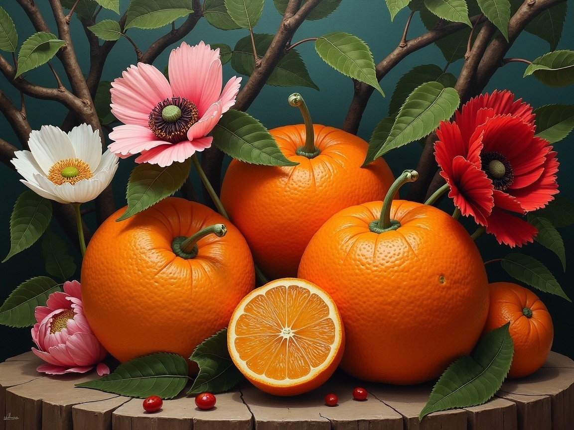 Vibrant Still Life with Oranges and Colorful Flowers