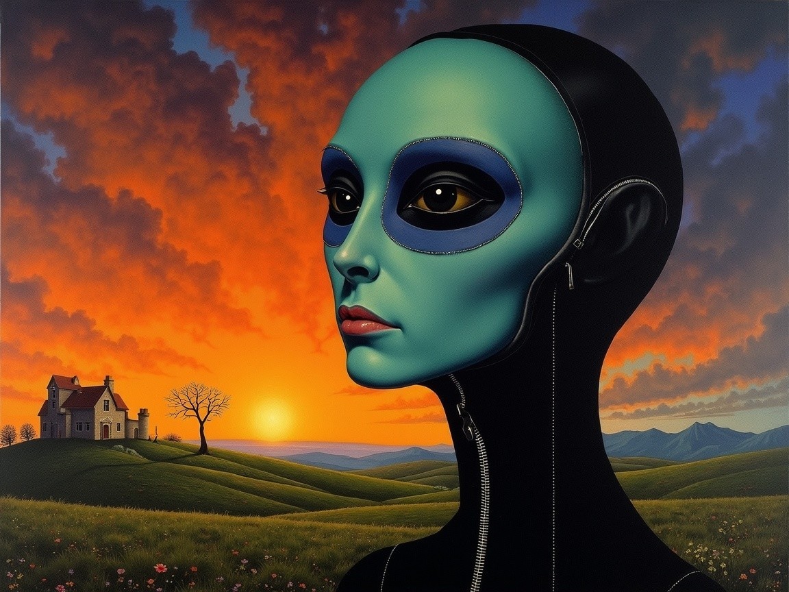 Humanoid Figure with Blue Skin in Sunset Landscape