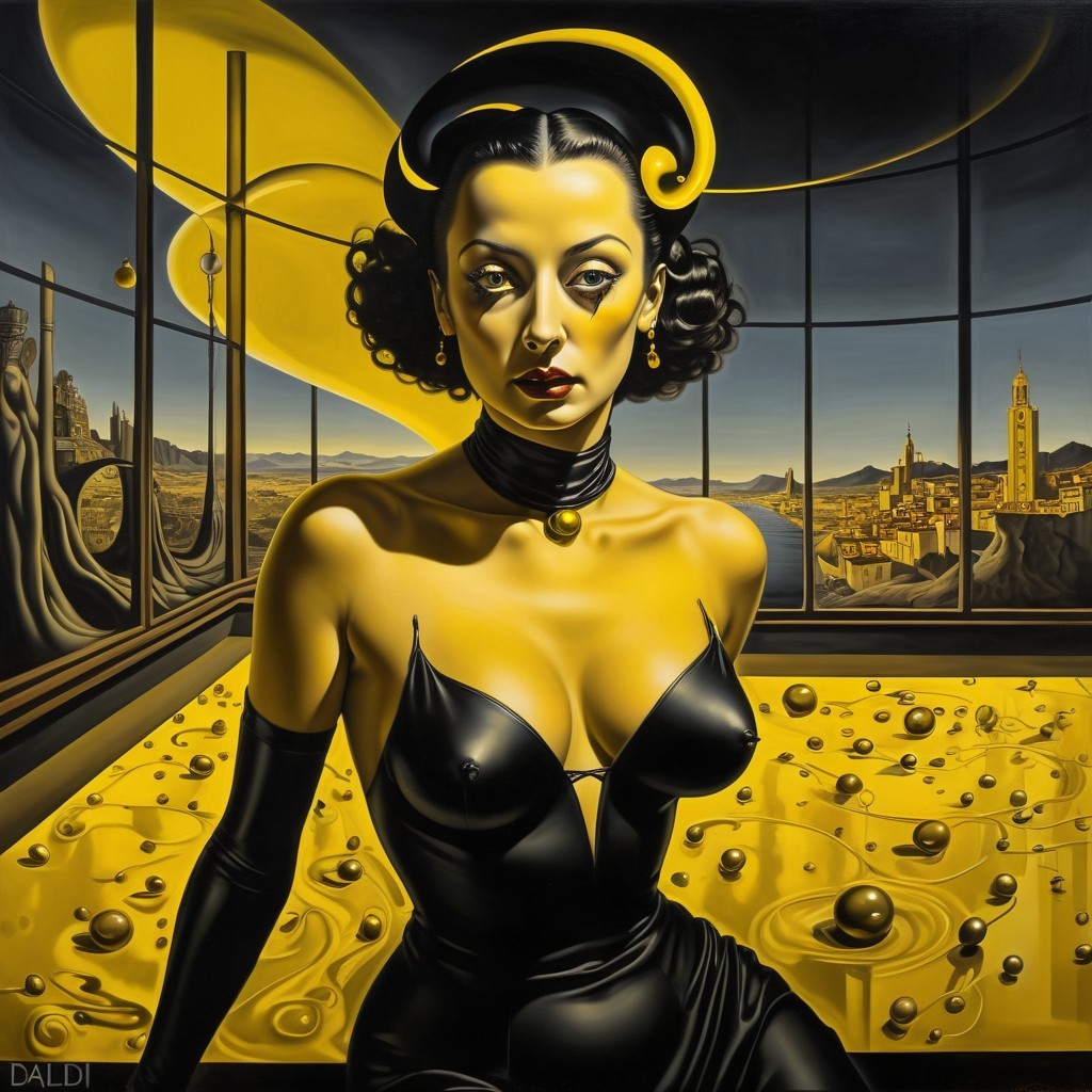 Glamorous Woman in Surreal Landscape Artwork