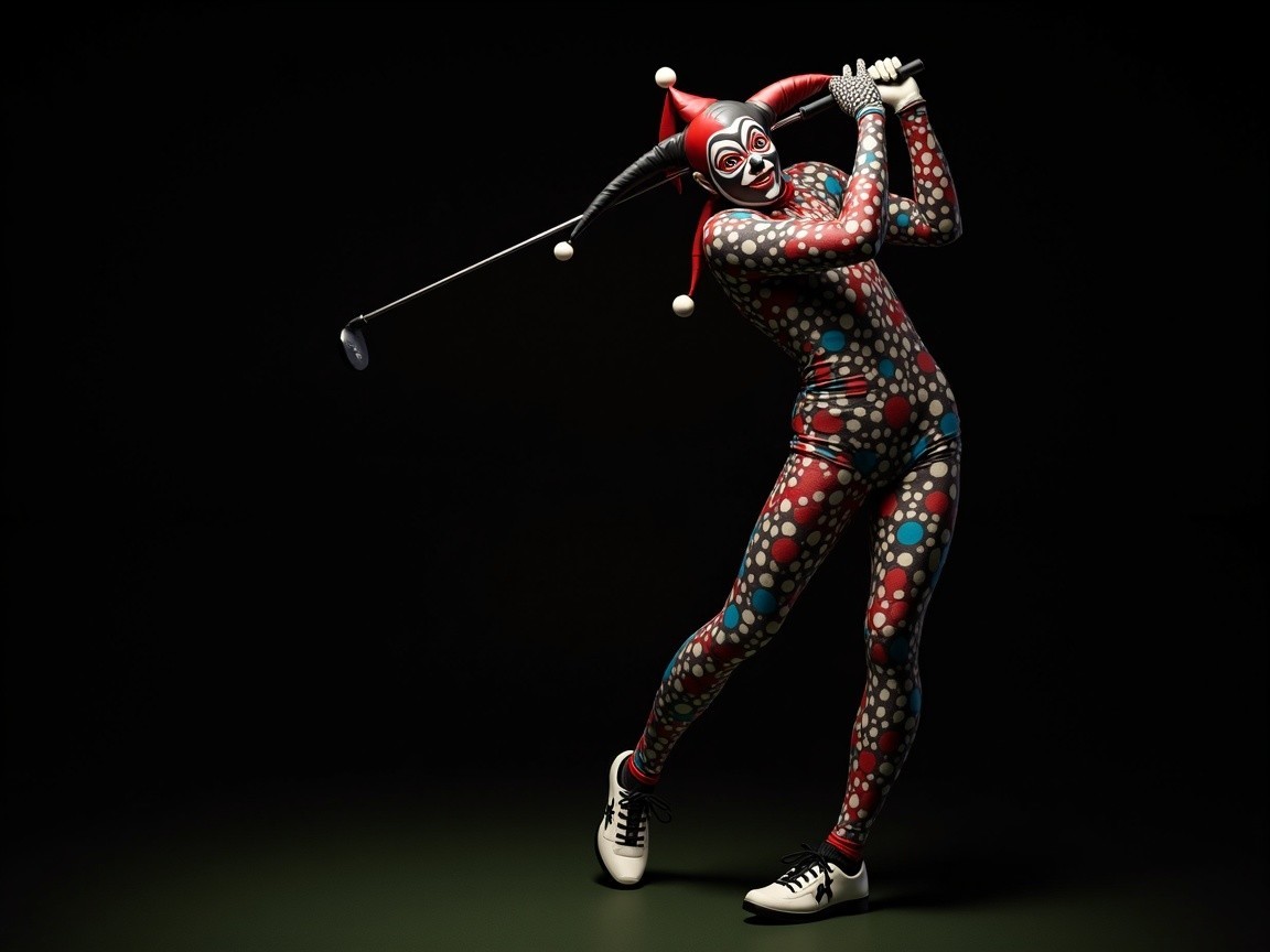 Whimsical Jester Figure in Vibrant Golf Swing Pose