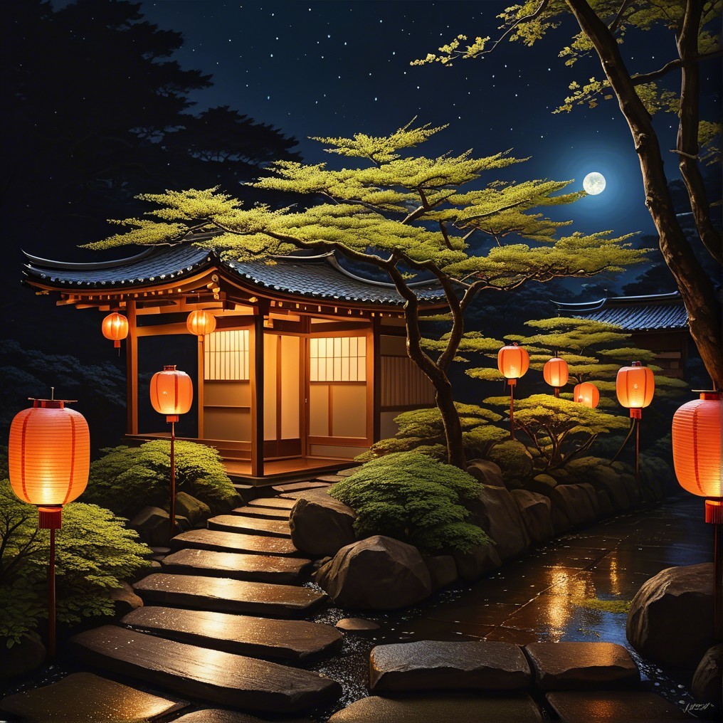 Serene Japanese Garden at Night with Teahouse and Lanterns