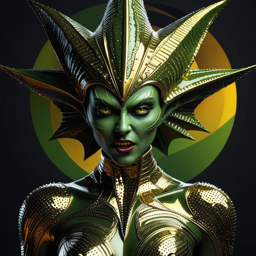 Futuristic character with green skin and golden armor