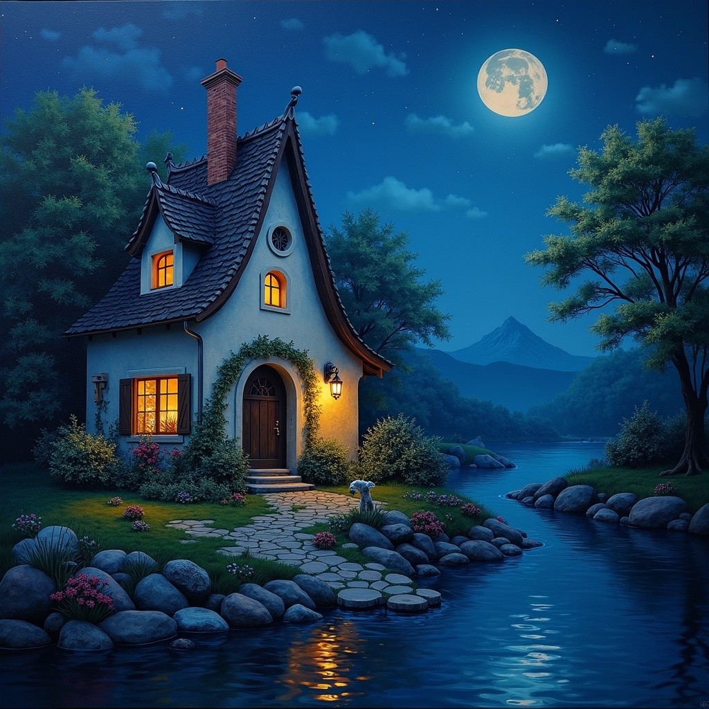 Charming Cottage by Tranquil River Under Full Moon