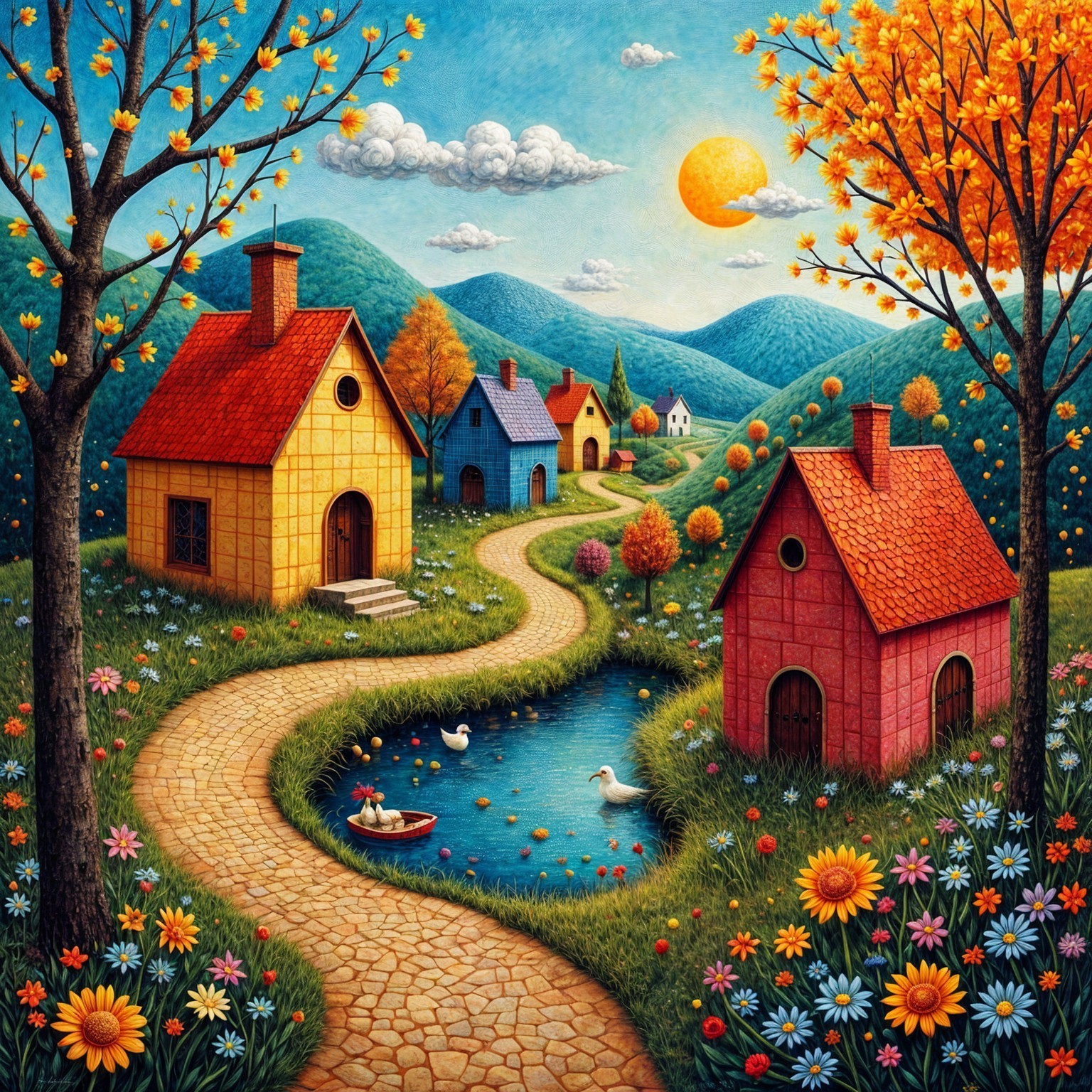 Vibrant Countryside Scene with Colorful Houses and Pond