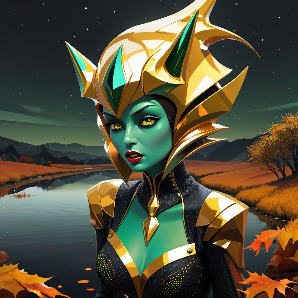 Character with Green Skin and Golden Spikes in Nature