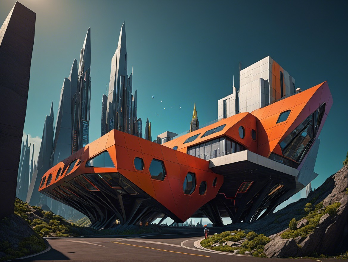 Futuristic Building with Orange Façade and Skyscrapers