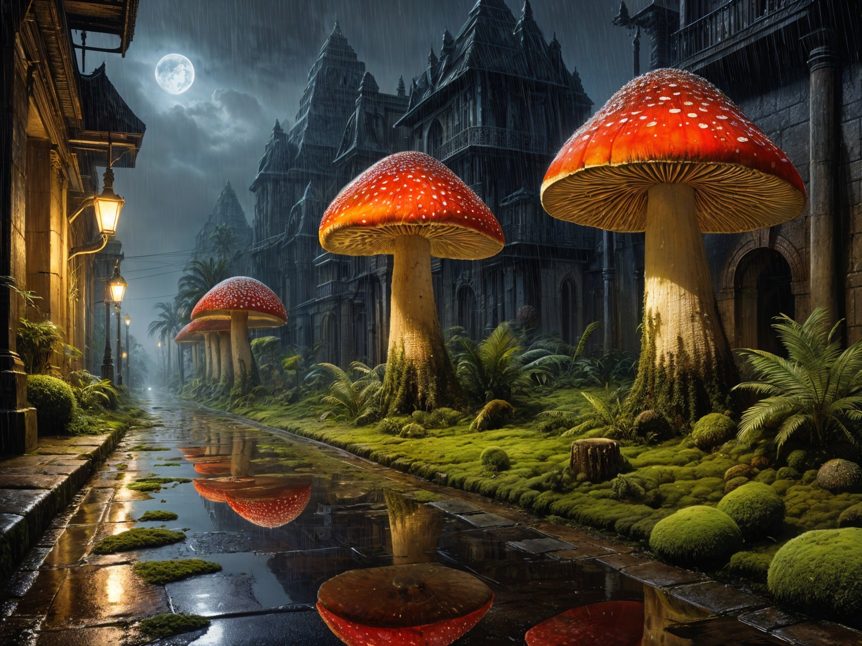 Mystical Moonlit Street Scene with Red Mushrooms