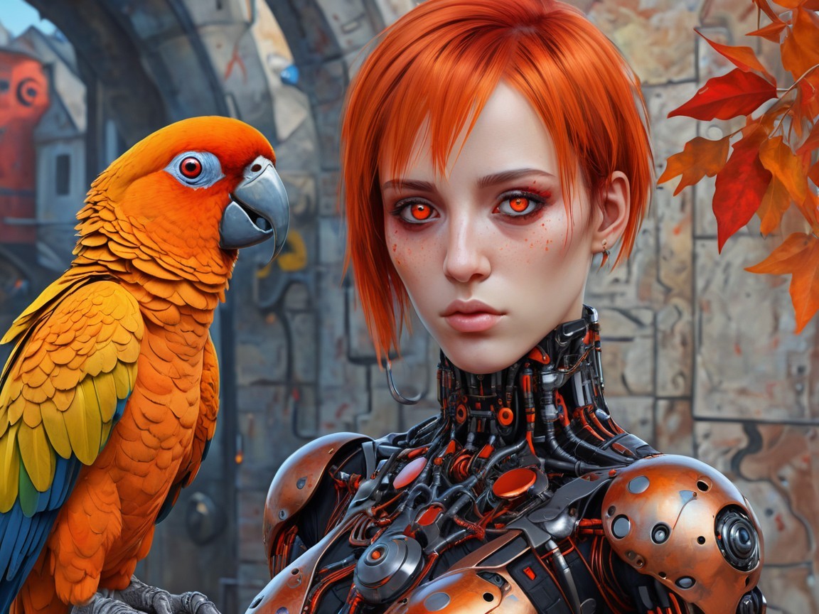 Futuristic Scene with Orange-Haired Woman and Parrot