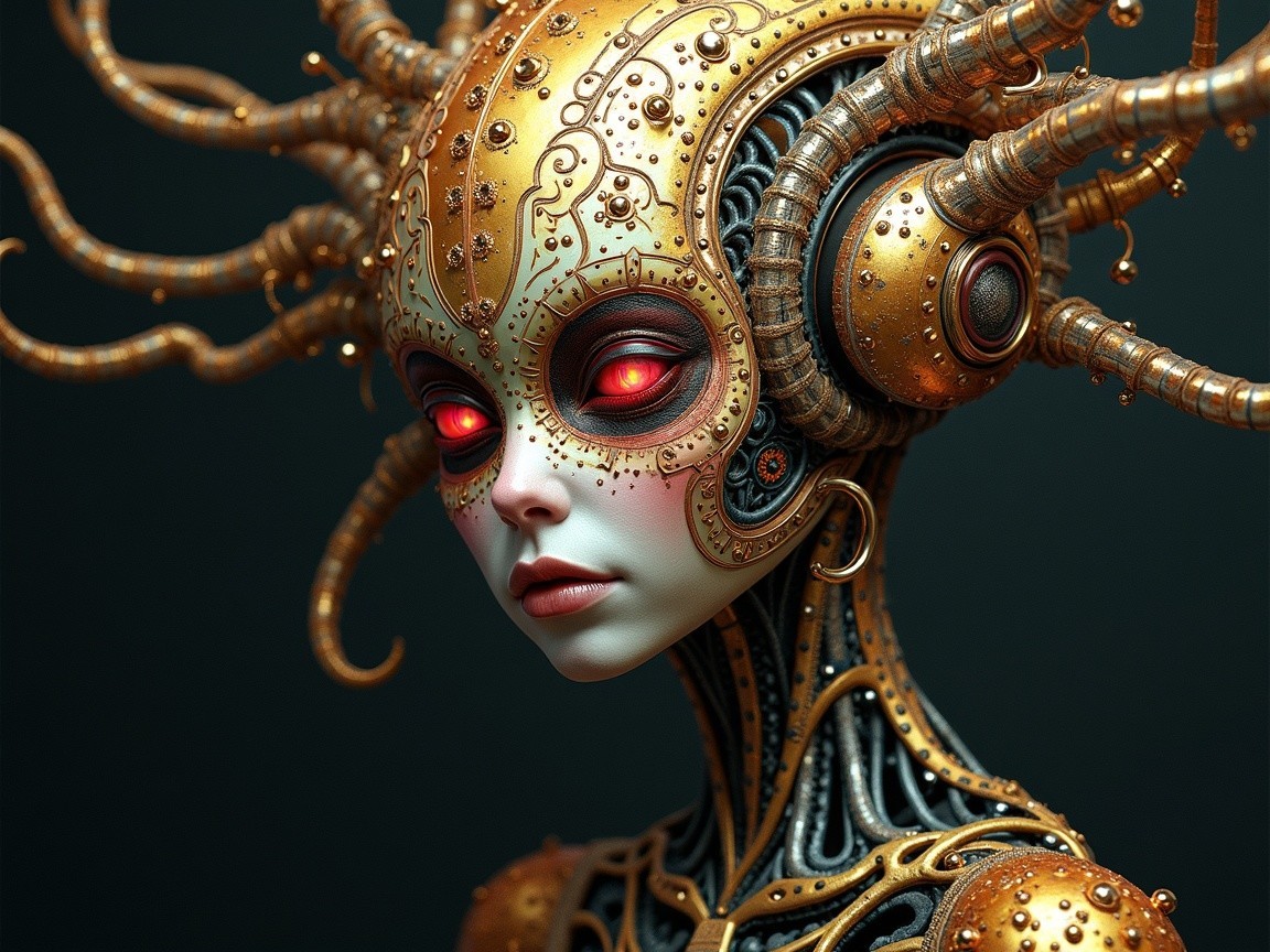 Futuristic humanoid figure with organic and mechanical design