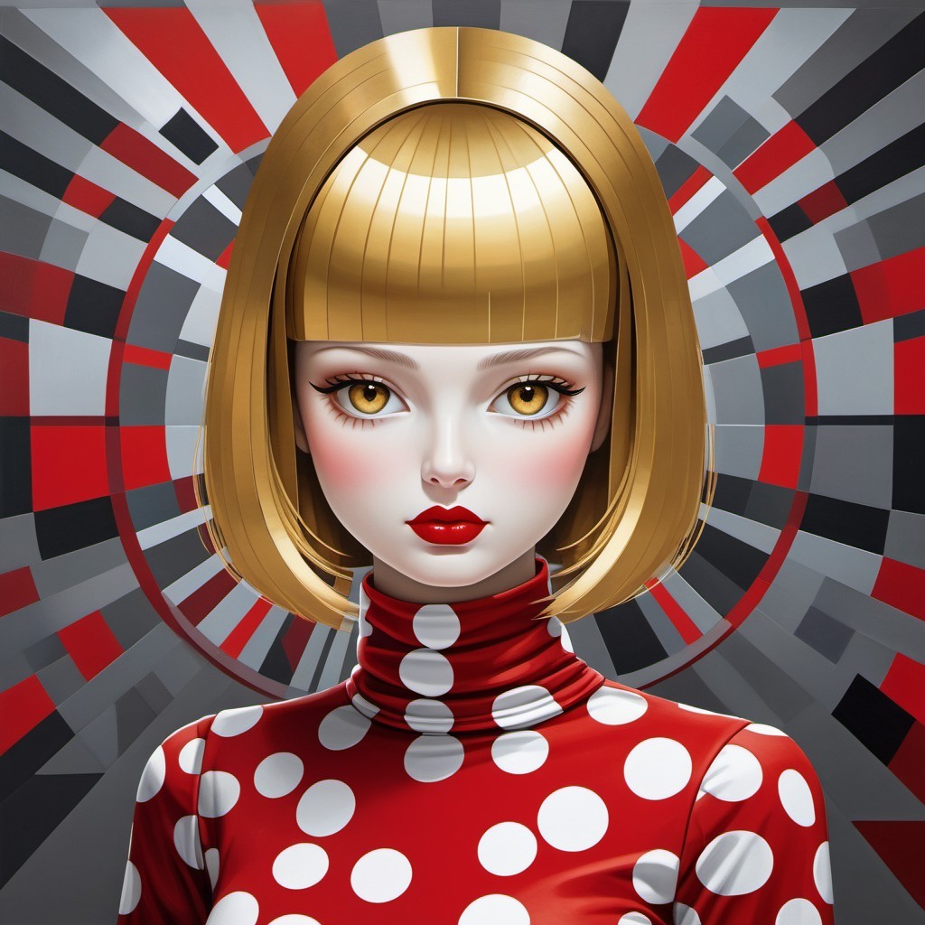 Stylized doll with bold features and vibrant attire