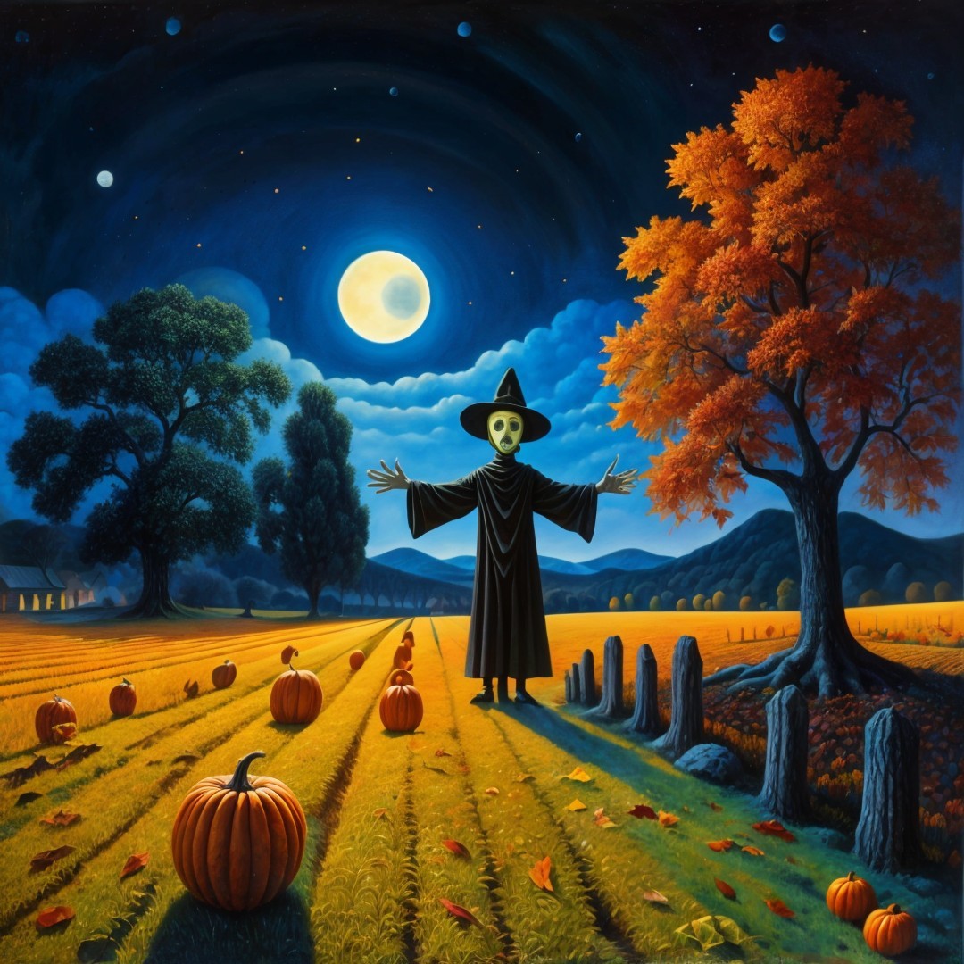 Whimsical Autumn Scene with Scarecrow and Pumpkins