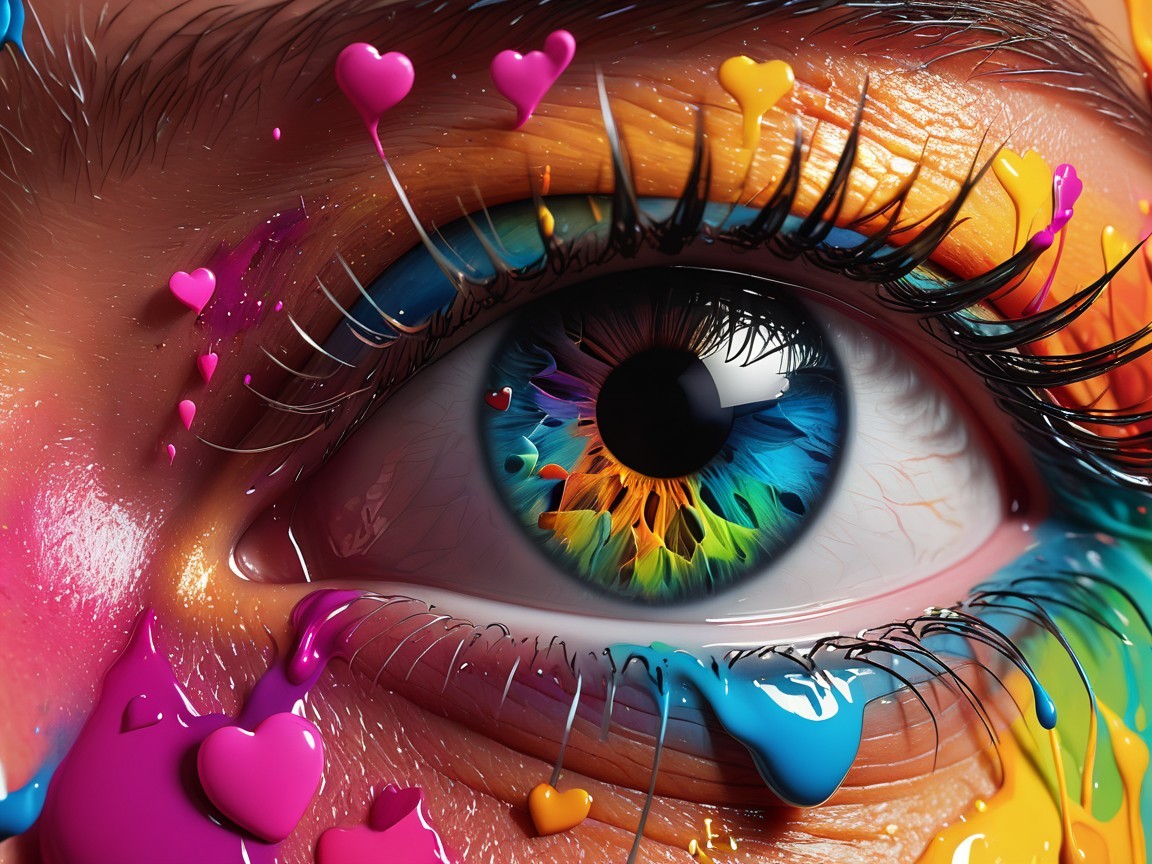 Close-up of a vibrant multicolored eye with paint details