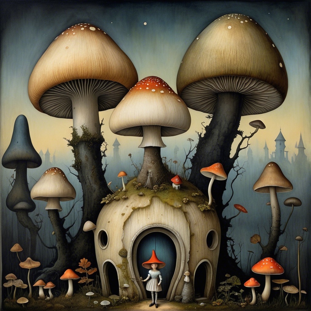 Whimsical House Surrounded by Oversized Mushrooms