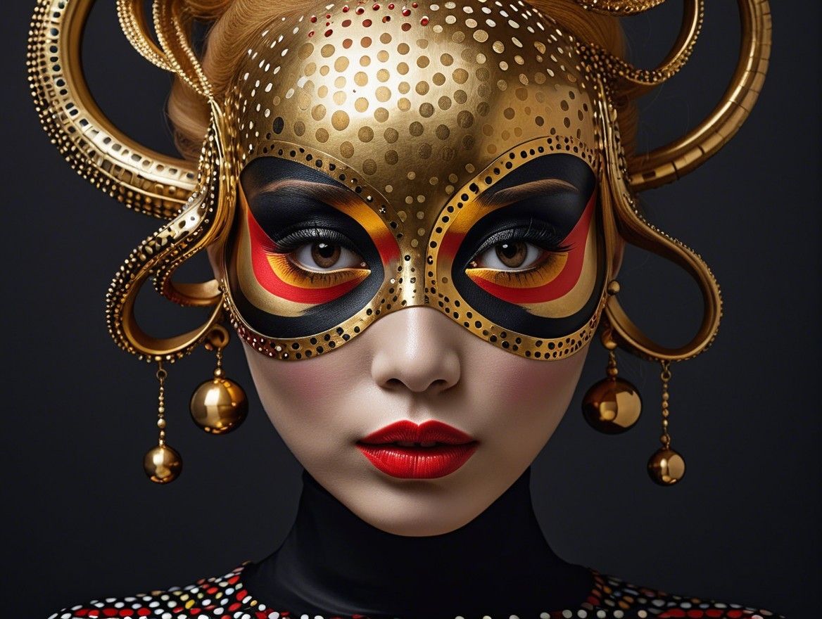 Portrait of a Woman in Gold and Black Masquerade Mask