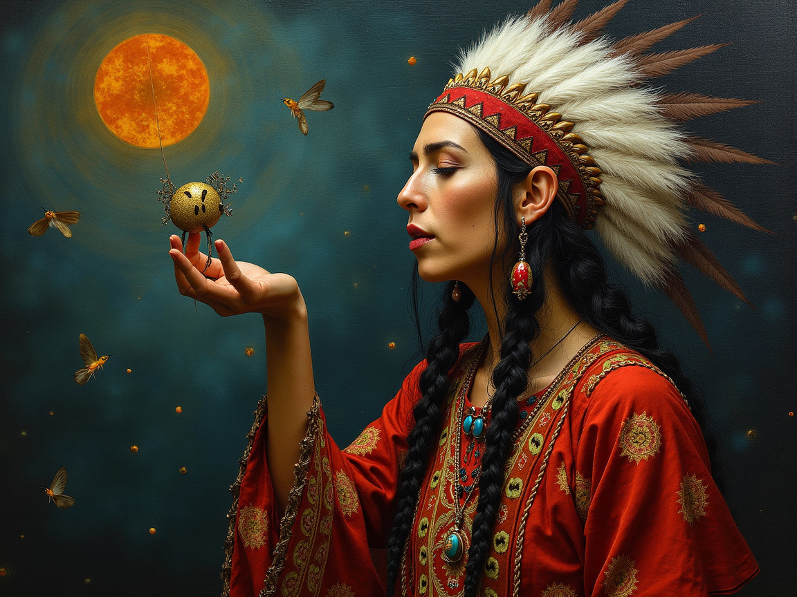 Woman in Red Dress with Feathered Headdress and Moths