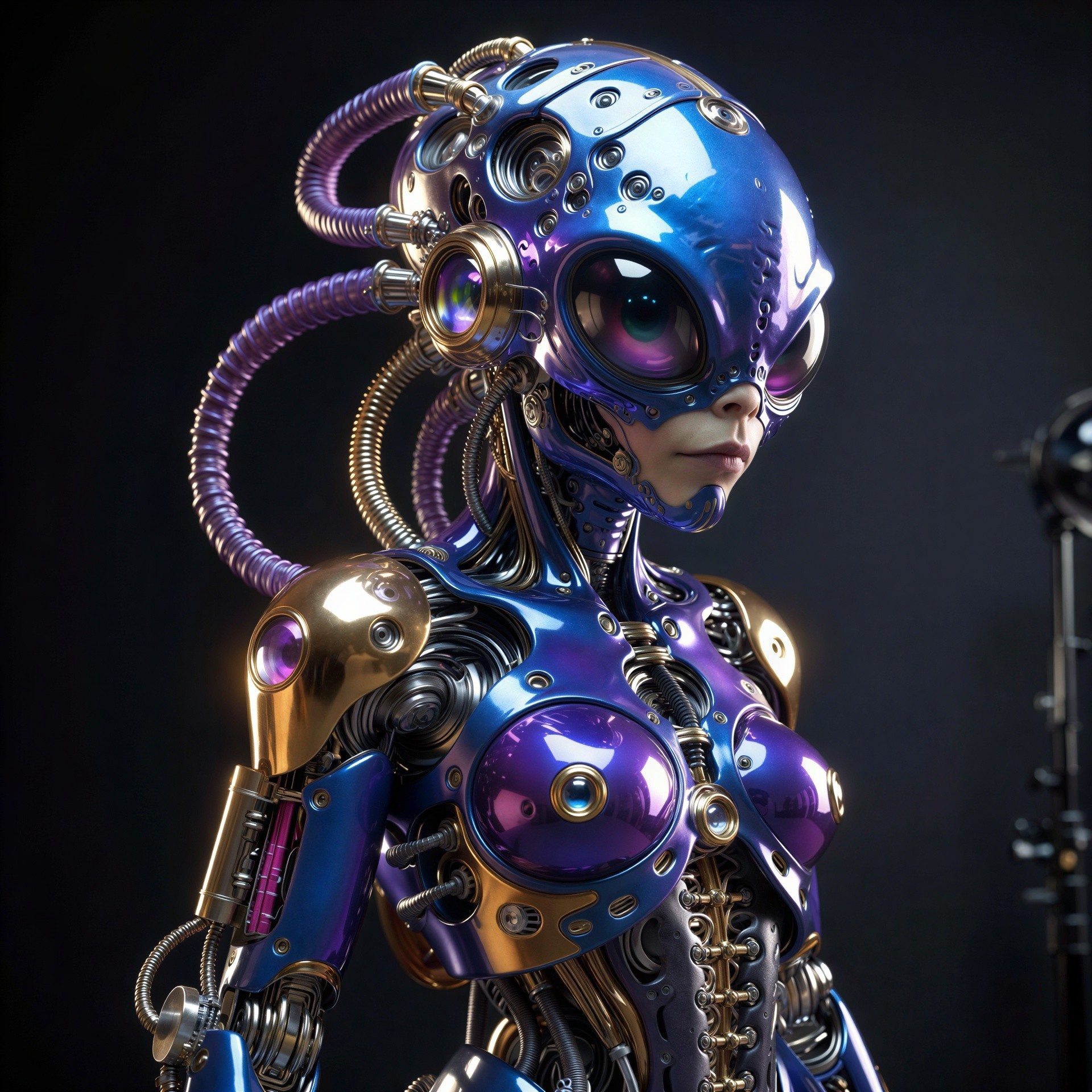 Intricate Cybernetic Humanoid with Iridescent Skin