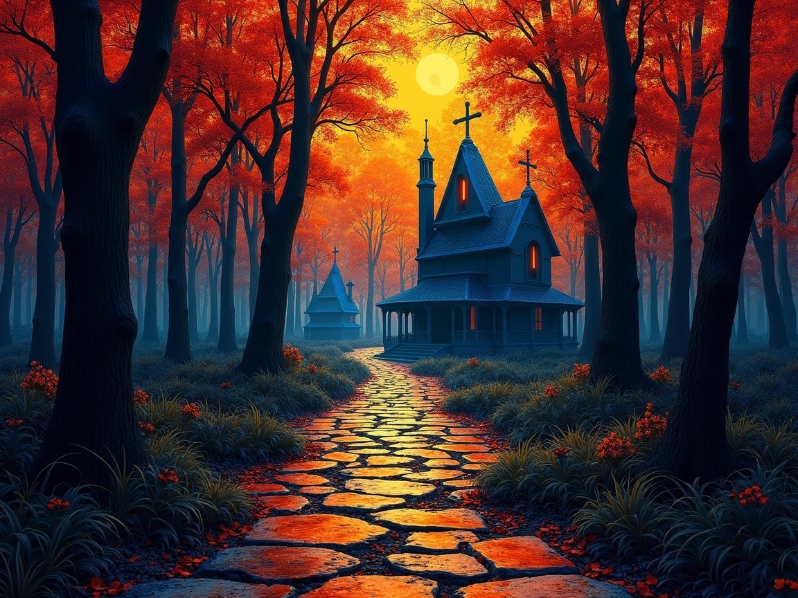 Gothic Houses in a Sunset Forest Glow