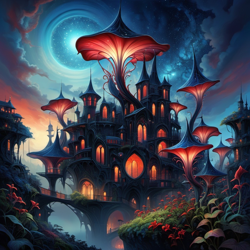 Fantastical castle with luminescent mushrooms and flora