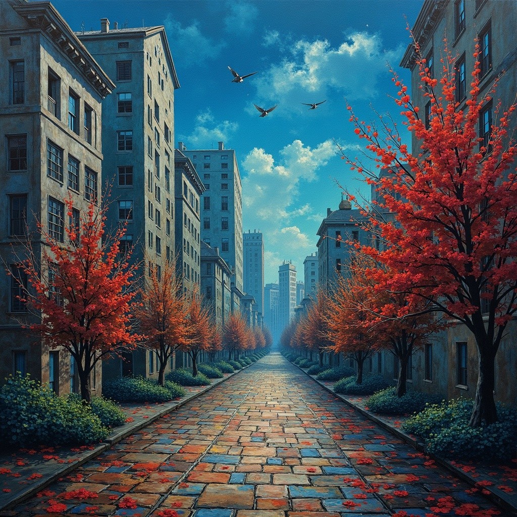 Urban Scene with Cobblestone Street and Autumn Trees