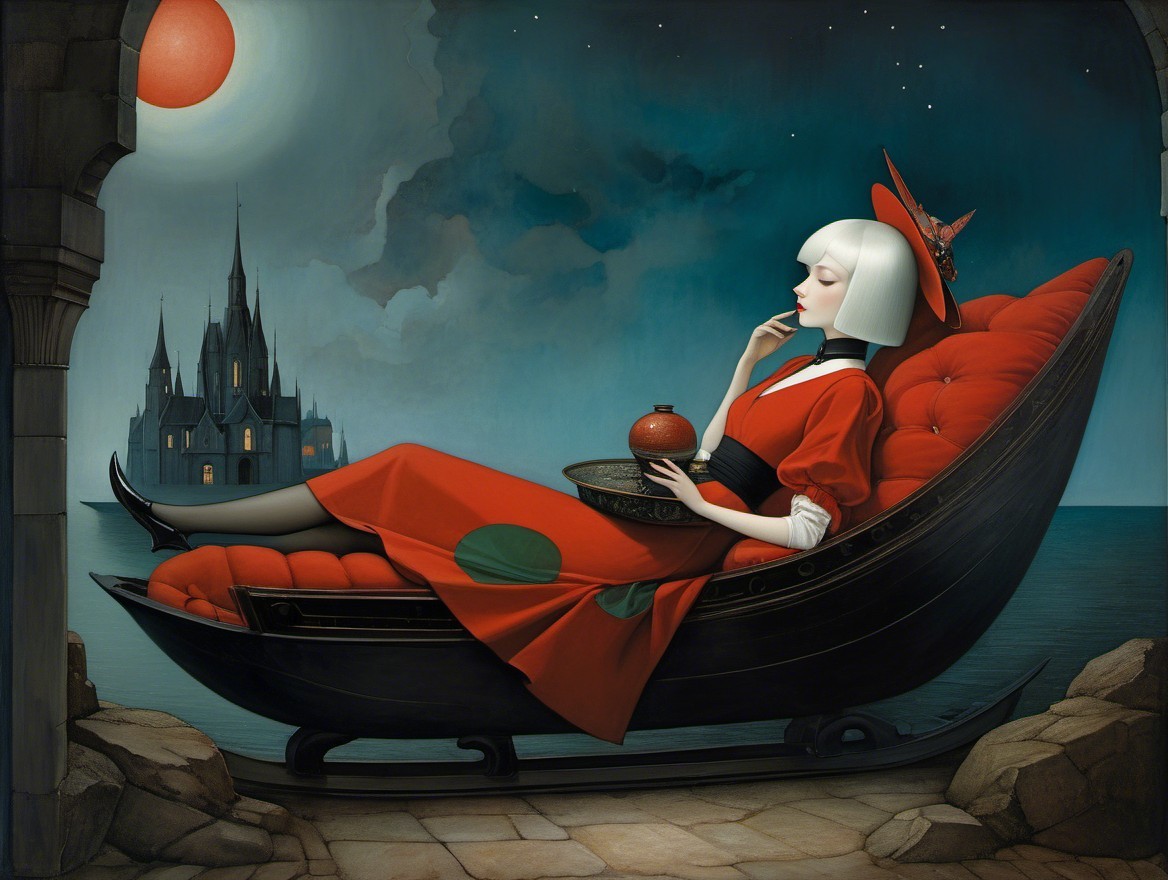 Serene figure in red dress with tea set by castle