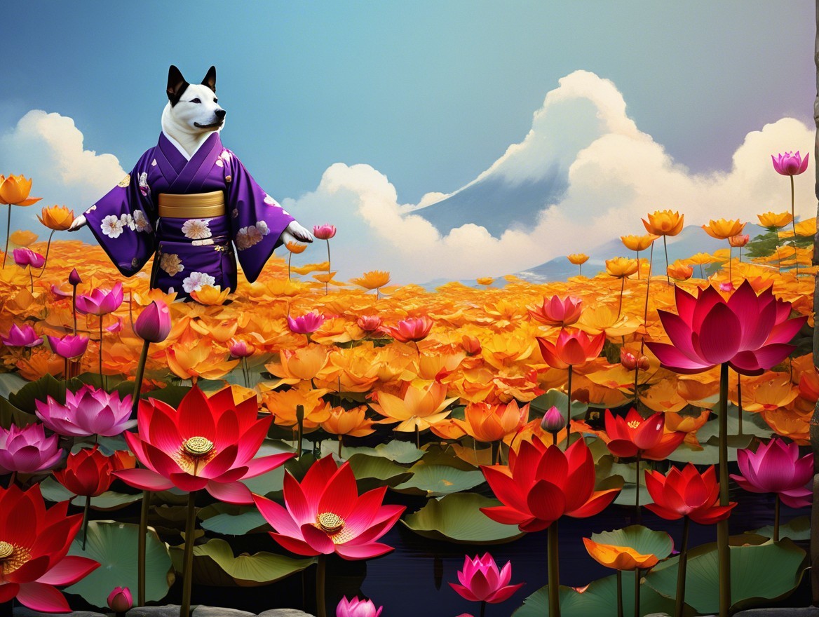 Dog in Kimono Surrounded by Blooming Lotus Flowers
