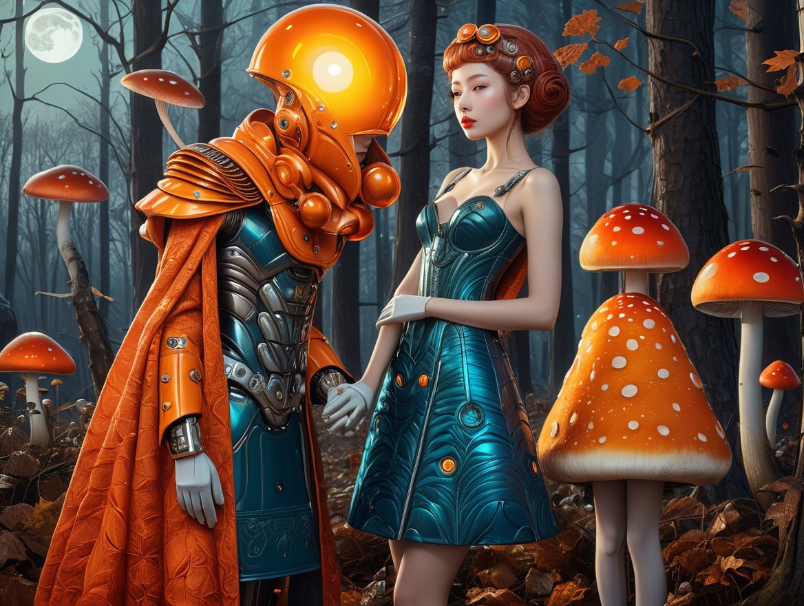 Futuristic Figure Meets Woman in Enchanted Forest