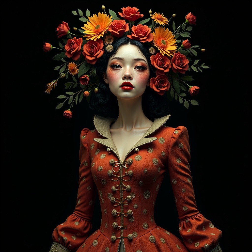 Elegant woman in rust gown with floral crown