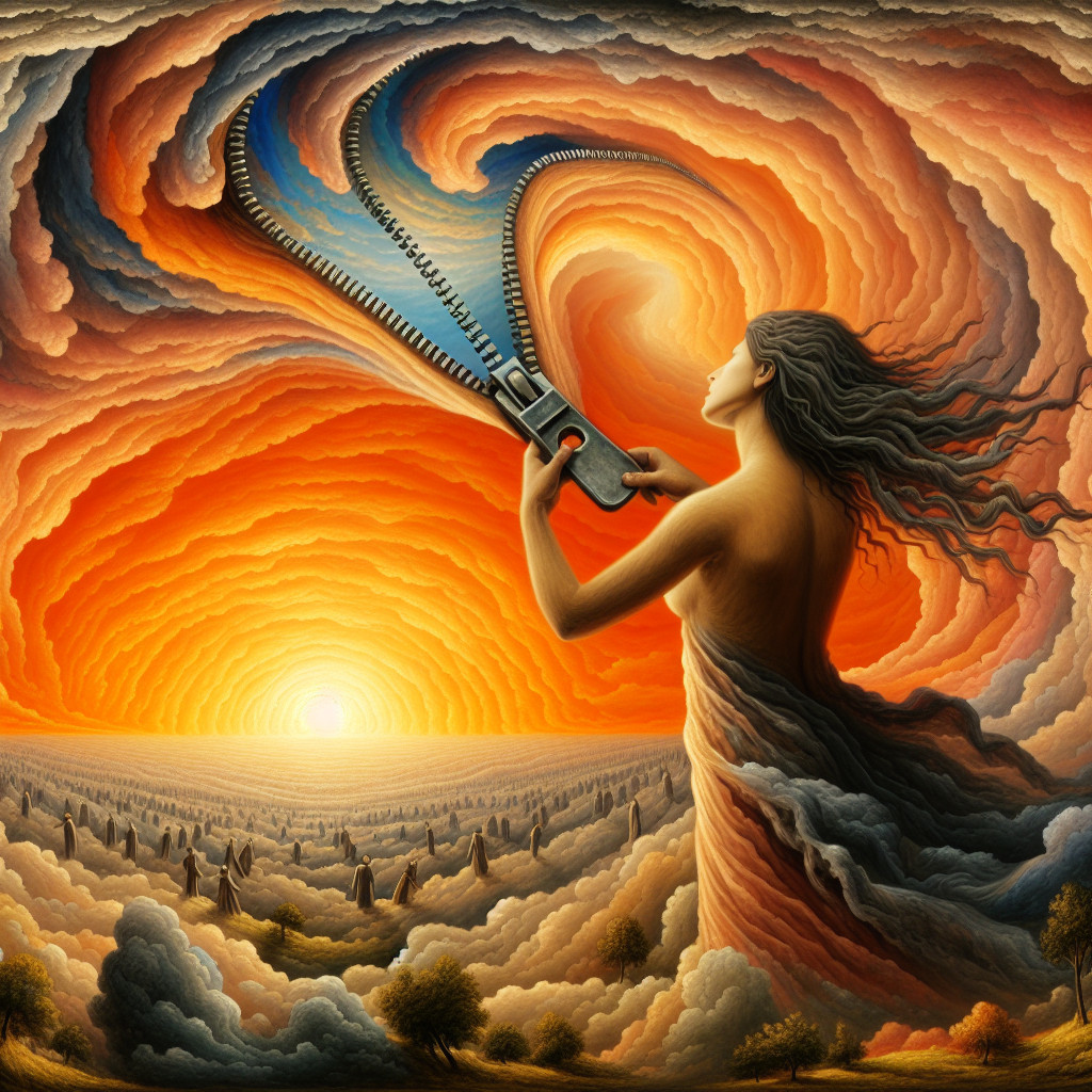 Surreal Scene of Woman with Zipper in Sunset Clouds