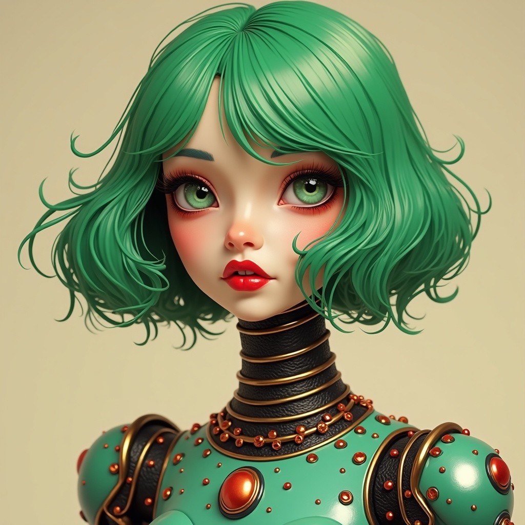 Stylized Character with Green Hair and Futuristic Outfit